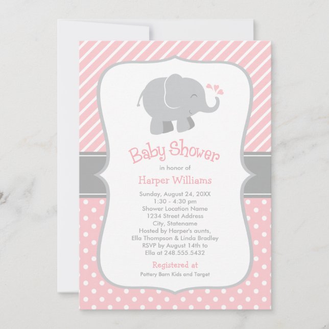 Convites Chuva de Bebê Menina Elefante com Rosa Moderno (Frente)