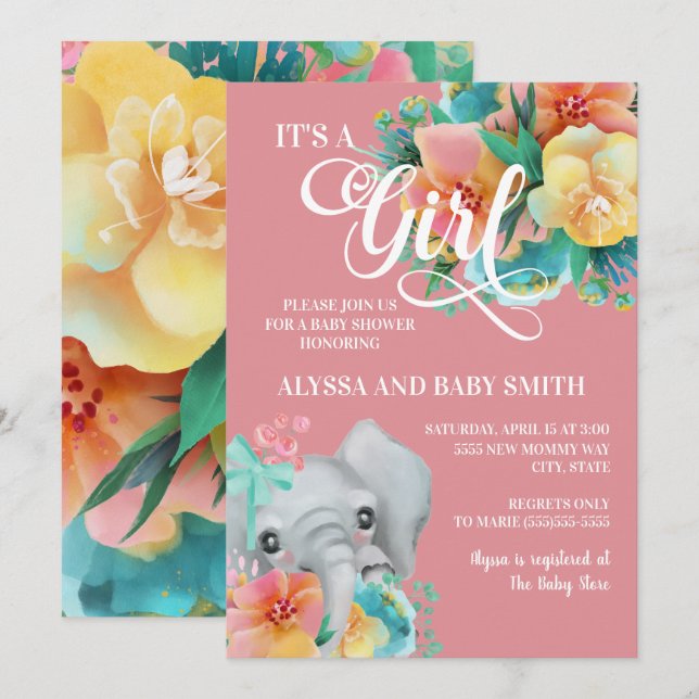 Convites Chuva de Bebê Menina Elefante Floral Rosa Turquesa (Frente/Verso)