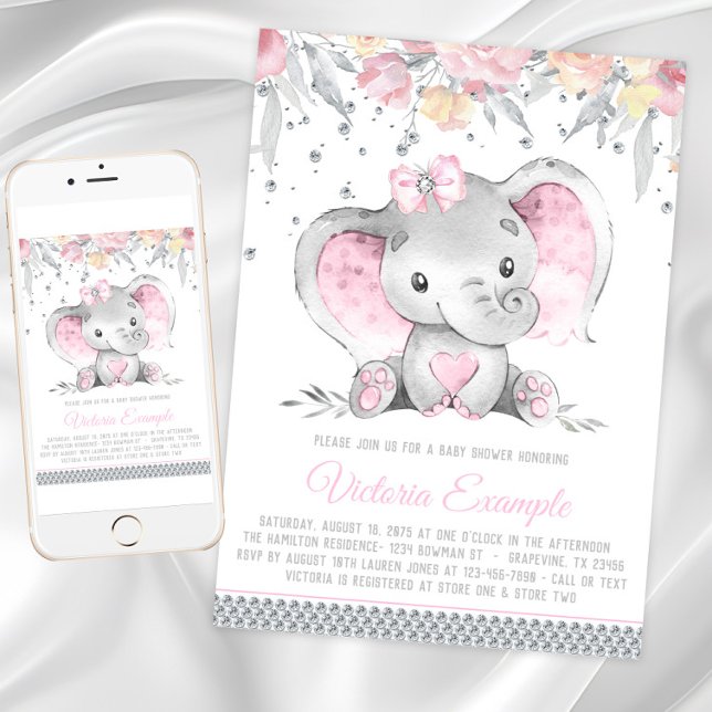 Convites Chuva de Bebê Menina Elefante Rosa Cinza Diamante (Girl elephant baby shower invitation with cute baby elephant on a floral and diamond background.)