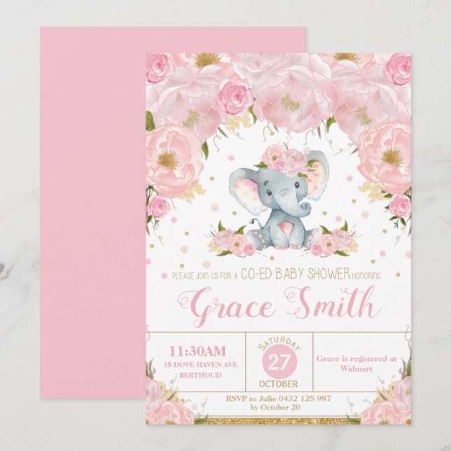 Convites Chuva de Bebê Menina Elefante Rosa Floral Co-Ed (Frente/Verso)
