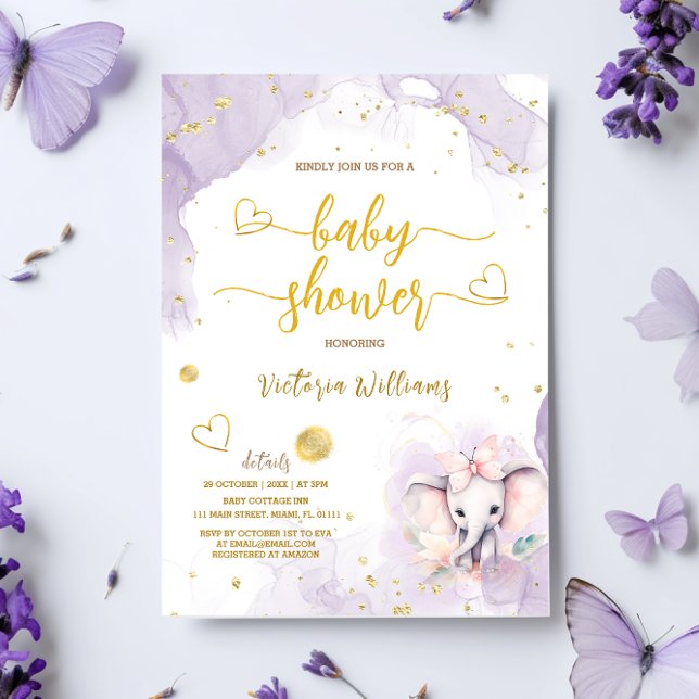 Convites Chuva de Bebê Menina Elefante Rosa Violeta (Criador carregado)