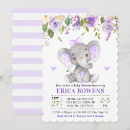 Convites Chuva de Bebê Menina Elefante Roxo Claro Aquarela