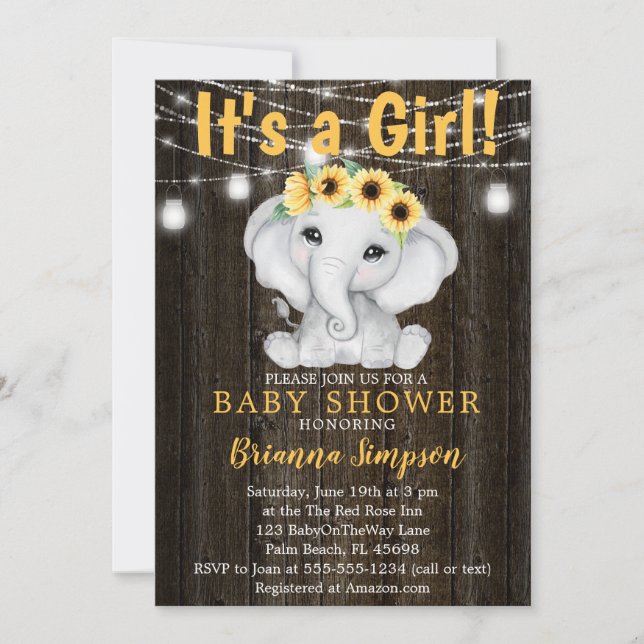 Convites Chuva de Bebê Menina Elefante Rústico com Girassói (Frente)