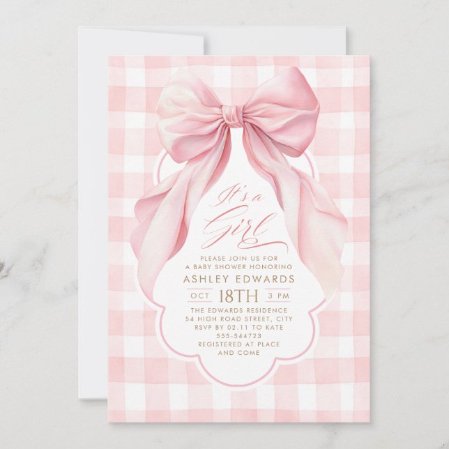 Convites Chuva de Bebê Menina Elegante com Laço Rosa e Xadr (Frente)