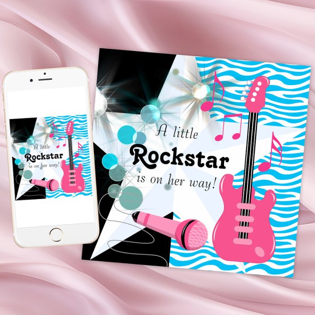 Convites Chuva de Bebê Menina Estrela do Rock Azul Turquesa (Rockstar baby shower invitation. Digital download and printed invitations available.)