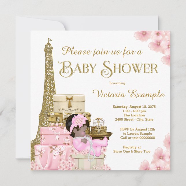 Convites Chuva de Bebê Menina Étnica Paris Dourado Rosa (Frente)