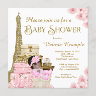Convites Chuva de Bebê Menina Étnica Paris Dourado Rosa