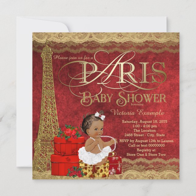 Convites Chuva de Bebê Menina Étnica Paris Dourado Vermelho (Frente)