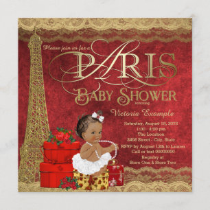 Convites Chuva de Bebê Menina Étnica Paris Dourado Vermelho