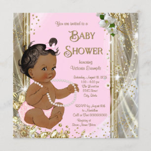 Convites Chuva de Bebê Menina Étnica Pérola Rosa Dourado