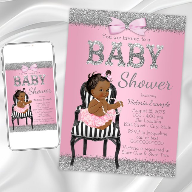 Convites Chuva de Bebê Menina Étnica Rosa e Cinza Prata (Cute pink silver baby shower invitation. Instant download and printed invitations available.)