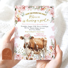 Convites Chuva de Bebê Menina Fazenda de Vaca Floral Rosa
