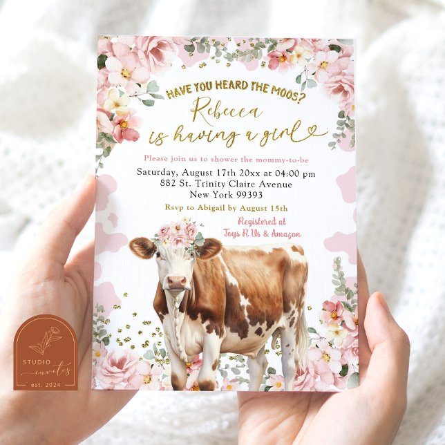 Convites Chuva de Bebê Menina Fazenda de Vaca Floral Rosa (Criador carregado)