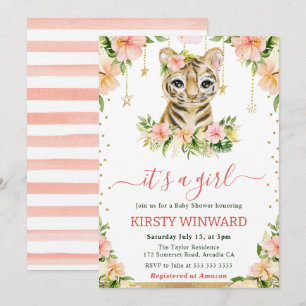 Convites Chuva de Bebê Menina Filhote de Tigre Floral Aquar