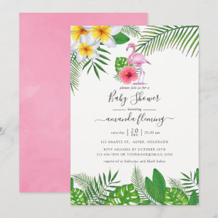 Convites Chuva de Bebê Menina Flamingo Rosa Tropical Aquare