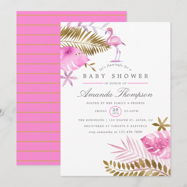 Convites Chuva de Bebê Menina Flamingo Tropical Rosa e Dour (Frente/Verso)