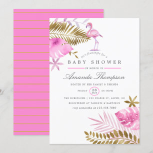 Convites Chuva de Bebê Menina Flamingo Tropical Rosa e Dour