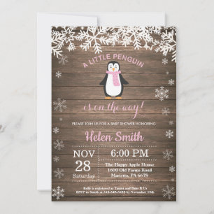 Convites Chuva de Bebê Menina Floco de Neve Pinguim Rústico