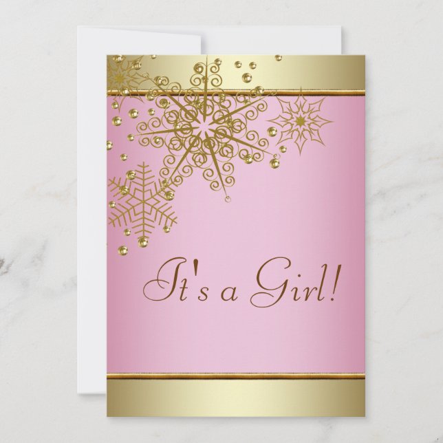 Convites Chuva de Bebê Menina Floco de Neve Rosa Dourado El (Frente)