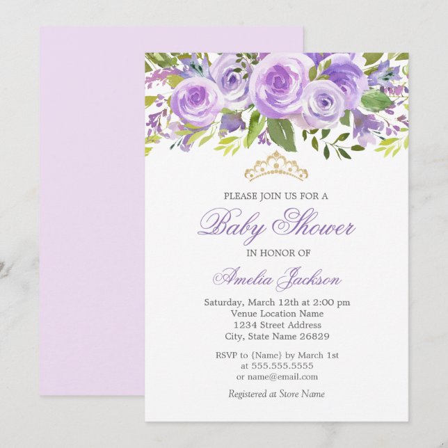 Convites Chuva de Bebê Menina Flor de Lavanda Rosa (Frente/Verso)