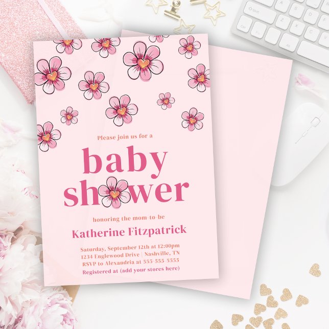Convites Chuva de Bebê Menina Flor Margarida Rosa (Pink Daisy Flower Girl Baby Shower Invitation)
