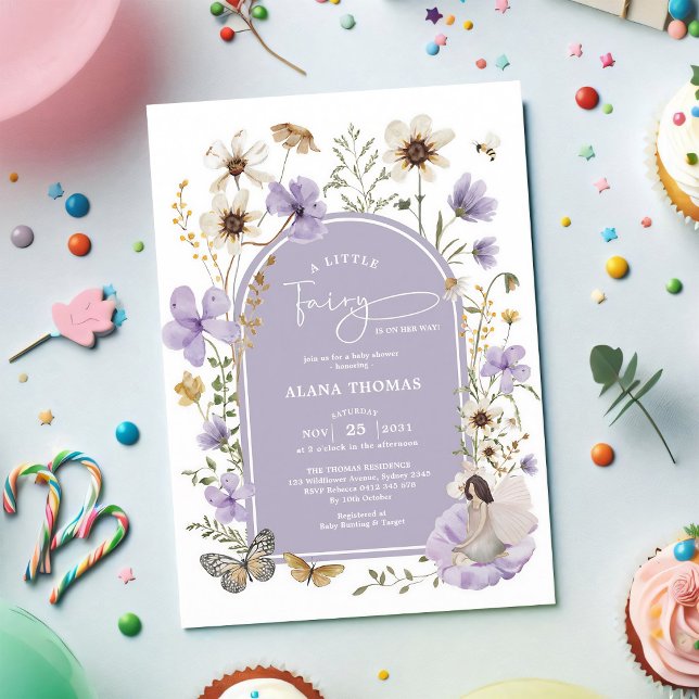 Convites Chuva de Bebê Menina Flor Silvestre Fada Boho Roxa (Criador carregado)