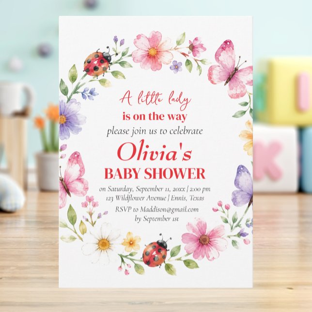 Convites Chuva de Bebê Menina Flor Silvestre Joaninha (Criador carregado)