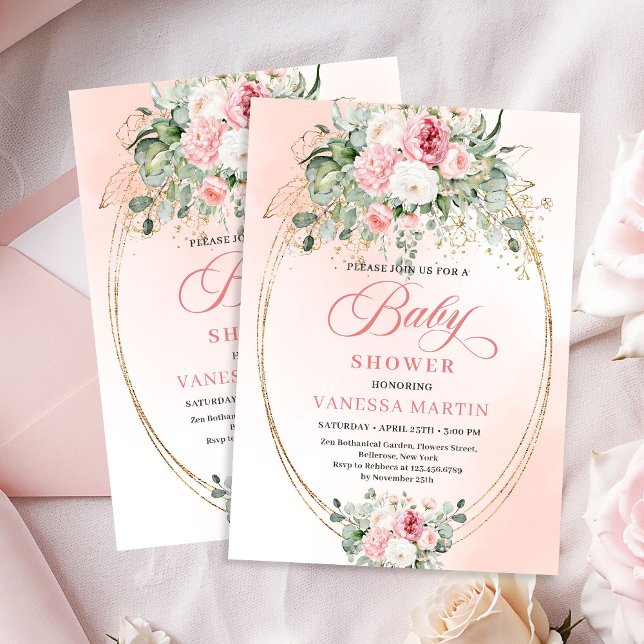 Convites Chuva de Bebê Menina Floral Boêmia Romântica  (Romantic Bohemian Blush Floral Girl Baby Shower Invite)