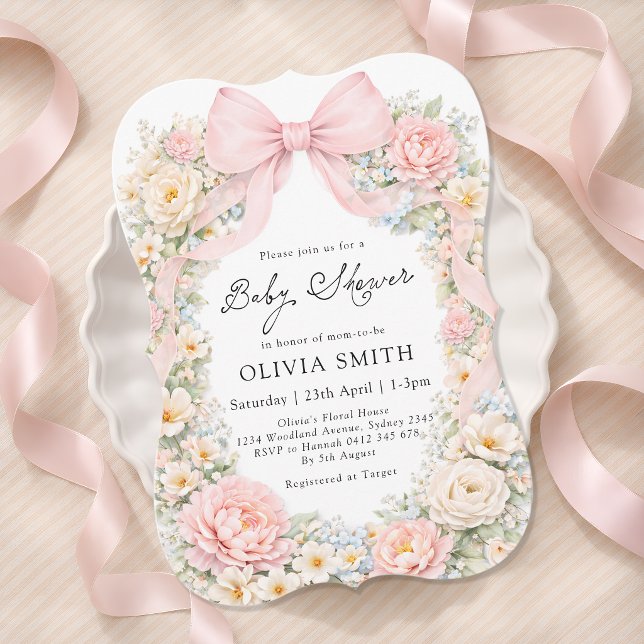Convites Chuva de Bebê Menina Floral com Laço Rosa Arrebola (Criador carregado)