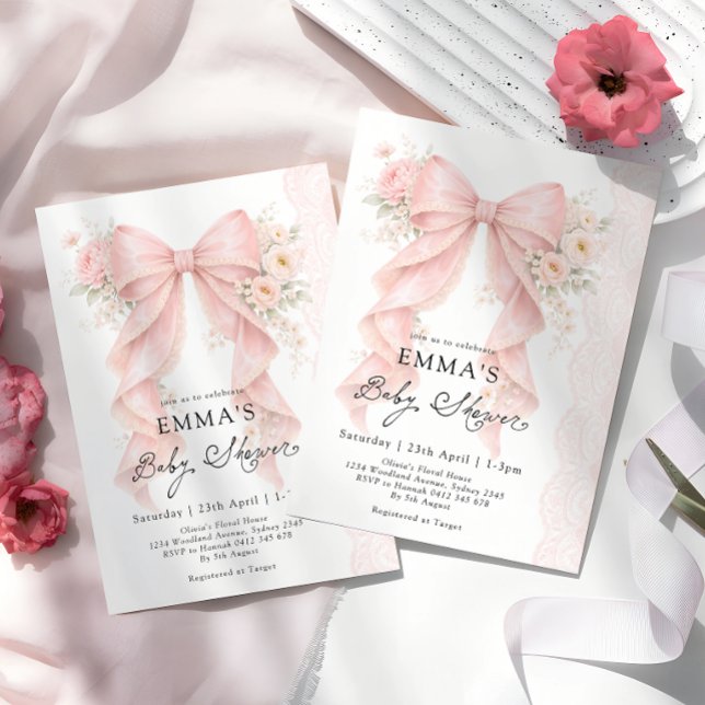 Convites Chuva de Bebê Menina Floral com Laço Rosa Elegante (Criador carregado)