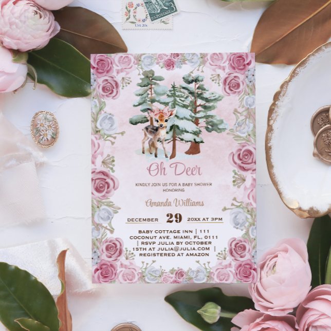 Convites Chuva de Bebê Menina Floral de Inverno Oh Deer (Criador carregado)