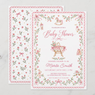 Convites Chuva de Bebê Menina Floral Folclórica Vintage