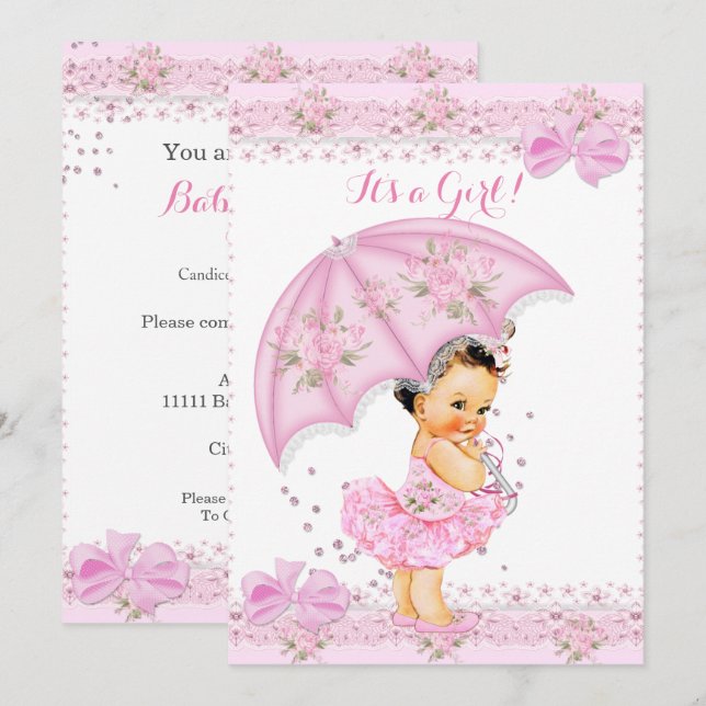 Convites Chuva de Bebê Menina Floral Guarda-Chuva Rosa (Frente/Verso)