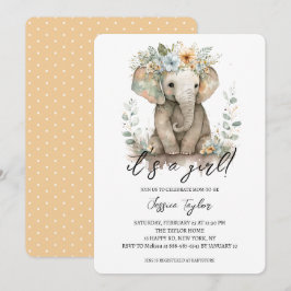 Convites Chuva de Bebê Menina Floral Pêssego Elefante Aquar