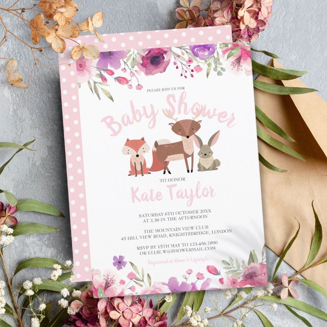 Convites Chuva de Bebê Menina Floral Rosa Animais da Flores (Woodland Animals Pink Floral Baby Girl Shower Invitation)