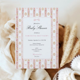 Convites Chuva de Bebê Menina Floral Rosa com Laço Vintage