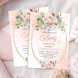 Convites Chuva de Bebê Menina Floral Rosa Dourado da Moda