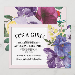Convites Chuva de Bebê Menina Floral Roxo Amarelo Rosa Jard