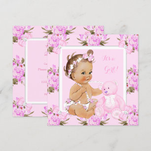 Convites Chuva de Bebê Menina Floral Vintage Urso Rosa