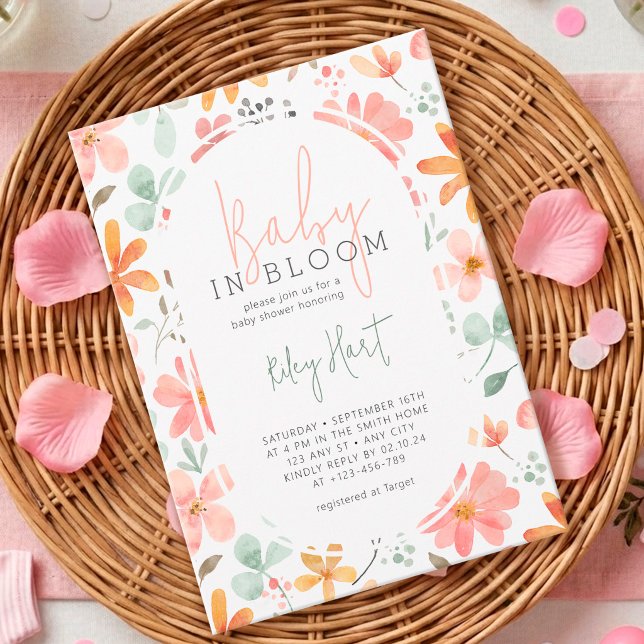 Convites Chuva de Bebê Menina Flores Aquarela Baby Shower (Baby In Bloom Watercolor Flowers Girl Baby Shower Invitation)