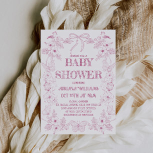 Convites Chuva de Bebê Menina Flores Toile Rosa Branco