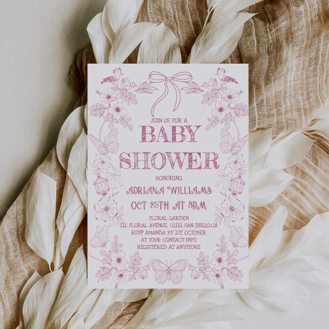 Convites Chuva de Bebê Menina Flores Toile Rosa Branco (Criador carregado)