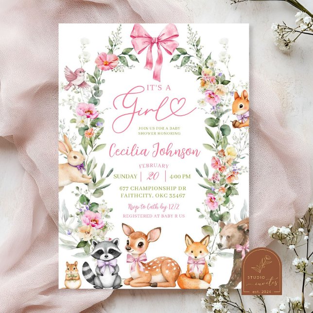 Convites Chuva de Bebê Menina Floresta Verde Animais (Criador carregado)