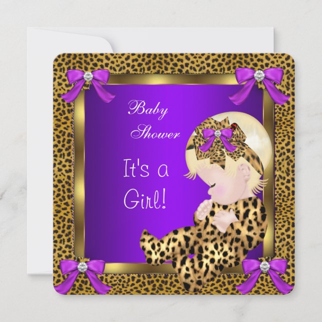 Convites Chuva de Bebê Menina Fofa Leopardo Roxo Dourado 3 (Frente)