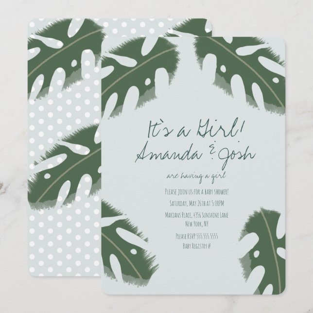 Convites Chuva de Bebê Menina Folhagem Tropical Monstera (Frente/Verso)