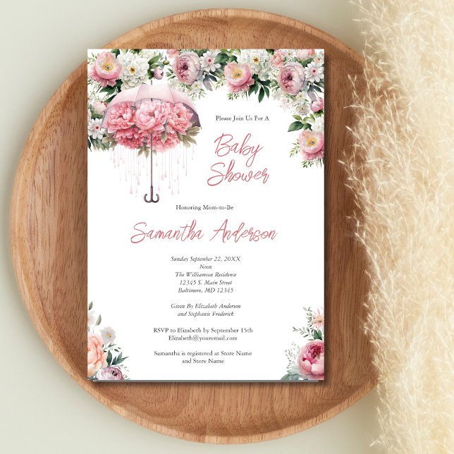 Convites Chuva de Bebê Menina Guarda-Chuva Floral Branca Ro (Pink White Floral Umbrella Baby Shower for Baby Girl Invitation)