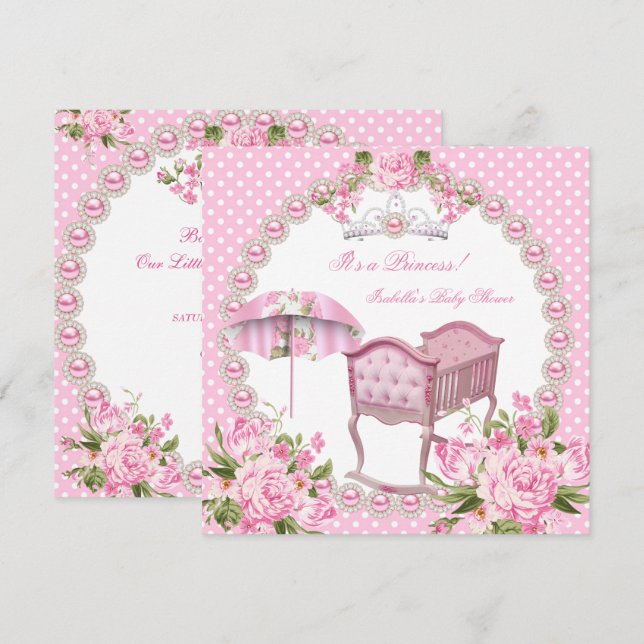 Convites Chuva de Bebê Menina Guarda-Chuva Rosa Antigo Berç (Frente/Verso)
