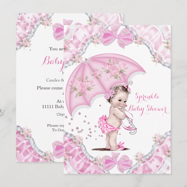 Convites Chuva de Bebê Menina Guarda-Chuva Rosa Flores (Frente/Verso)