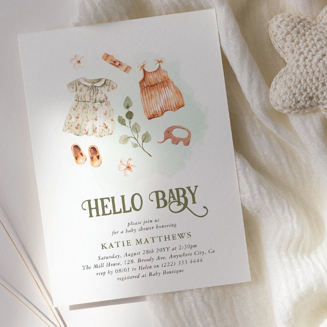 Convites Chuva de Bebê Menina Hello Baby Fofa em Aquarela (Criador carregado)