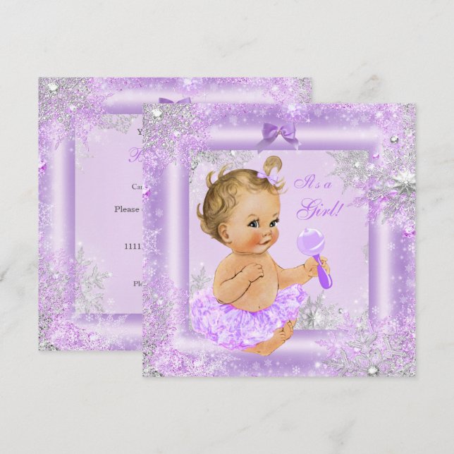 Convites Chuva de Bebê Menina Inverno Lavanda Floco de Neve (Frente/Verso)
